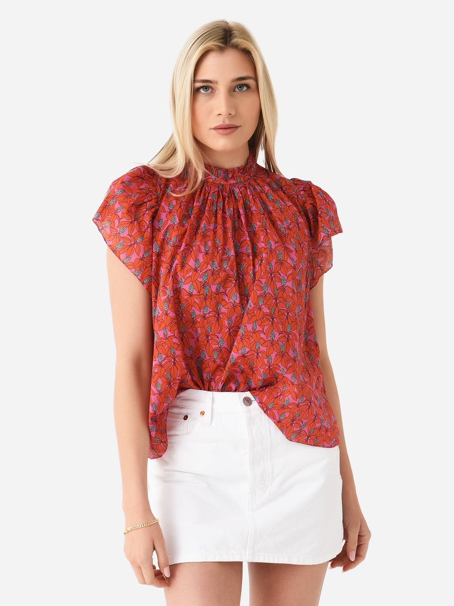 Trovata Carla Highneck Shirt Blouse Size Small Poinsettia Red Pink Floral Print